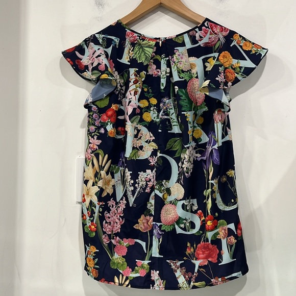 Baker by Ted Baker Short Sleeve Blouse Floral Navy Blue Back Zipper size 12 - Picture 5 of 11